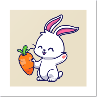 Cute Rabbit Holding Carrot Cartoon Posters and Art